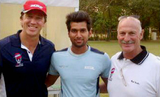 Railways pacer Karan Thakur (centre) with Australian legends Glenn McGrath and Denis Lillee. Karan took a record 10 wickets against Baroda in a C K Nayudu Trophy match in Vadodara on Saturday - PTI Railways pacer Karan Thakur (centre) with Australian legends Glenn McGrath and Denis Lillee. Karan took a record 10 wickets against Baroda in a C K Nayudu Trophy match in Vadodara on Saturday - PTI